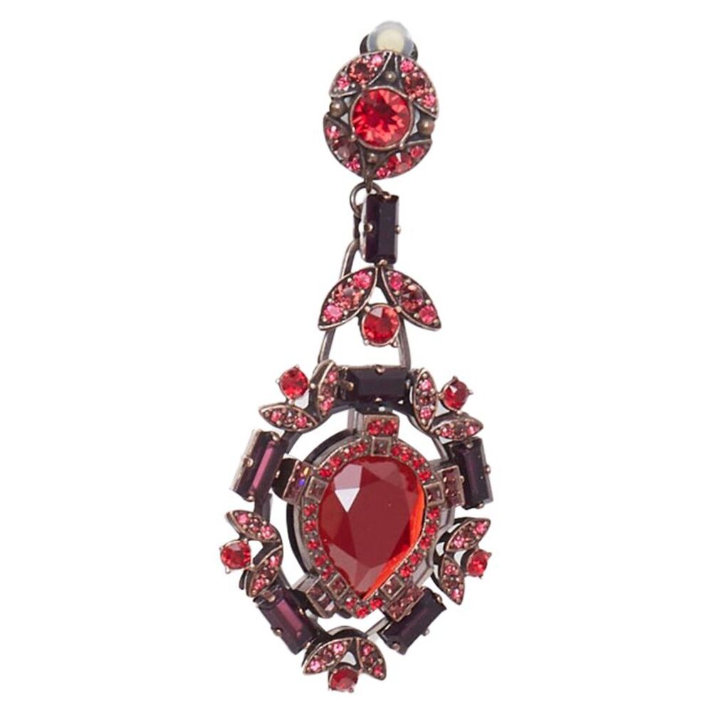 LANVIN Alber Elbaz red crystal rhinestone teardrop statement clip earrings pair